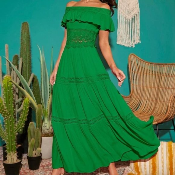 OFF THE SHOULDER MAXI DRESS Green - Picture 5 of 7